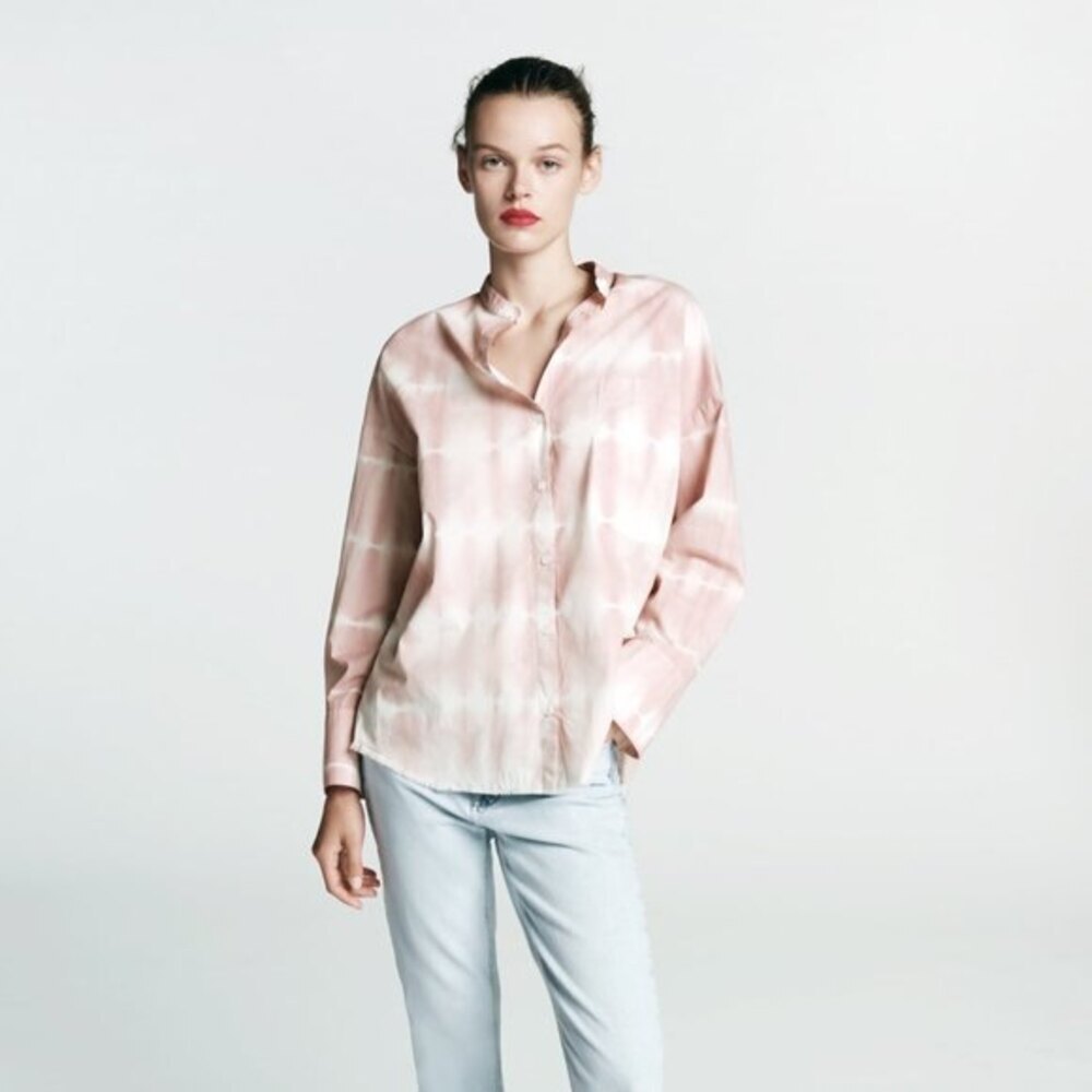 Zara Pink and White Tie Dye Button Front Long Sleeve Woven Top (NWT)